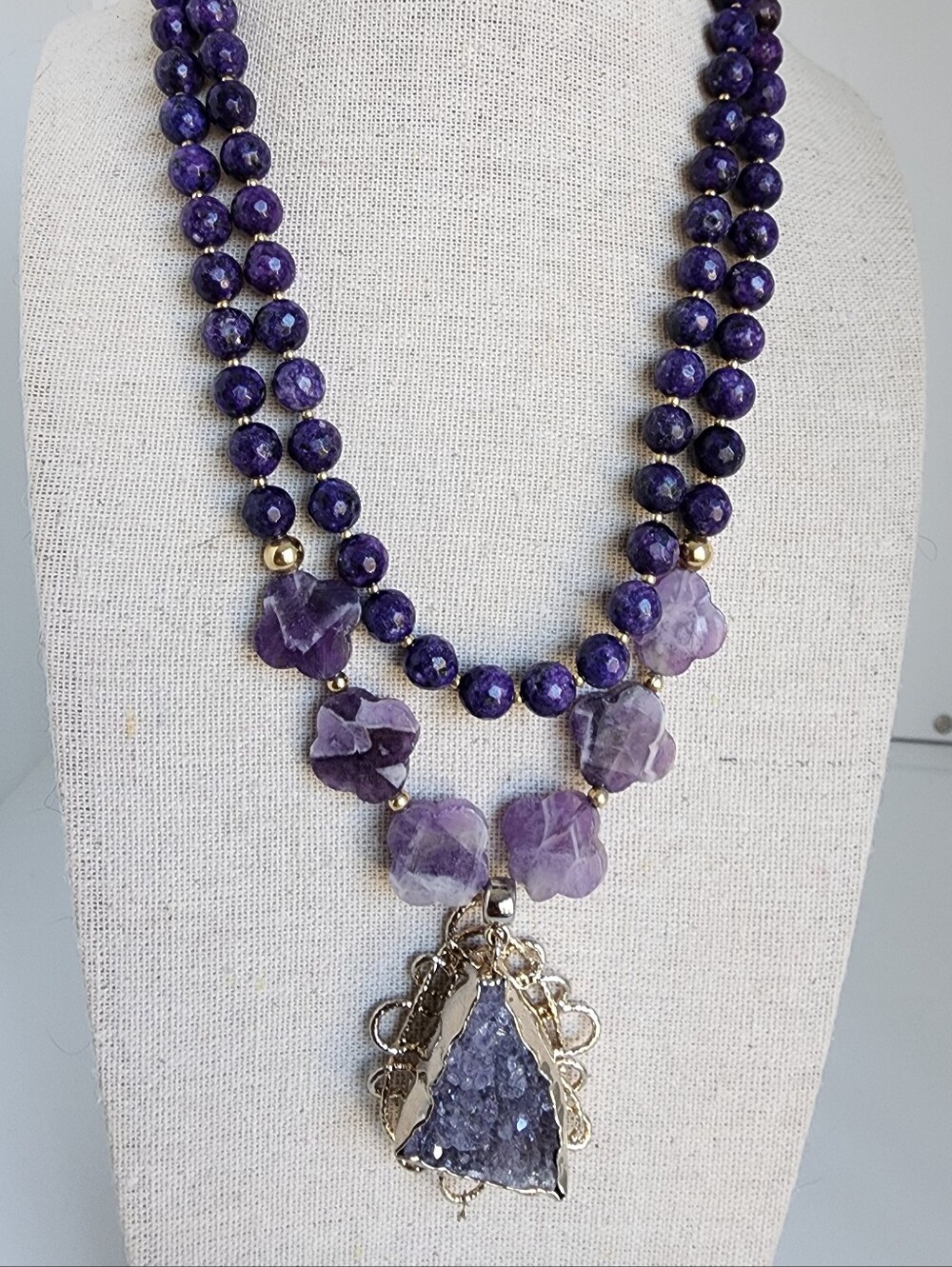 Amethyst Druzy Pendant Necklace Purple Gemstone Double Strand 18" Gold Tone